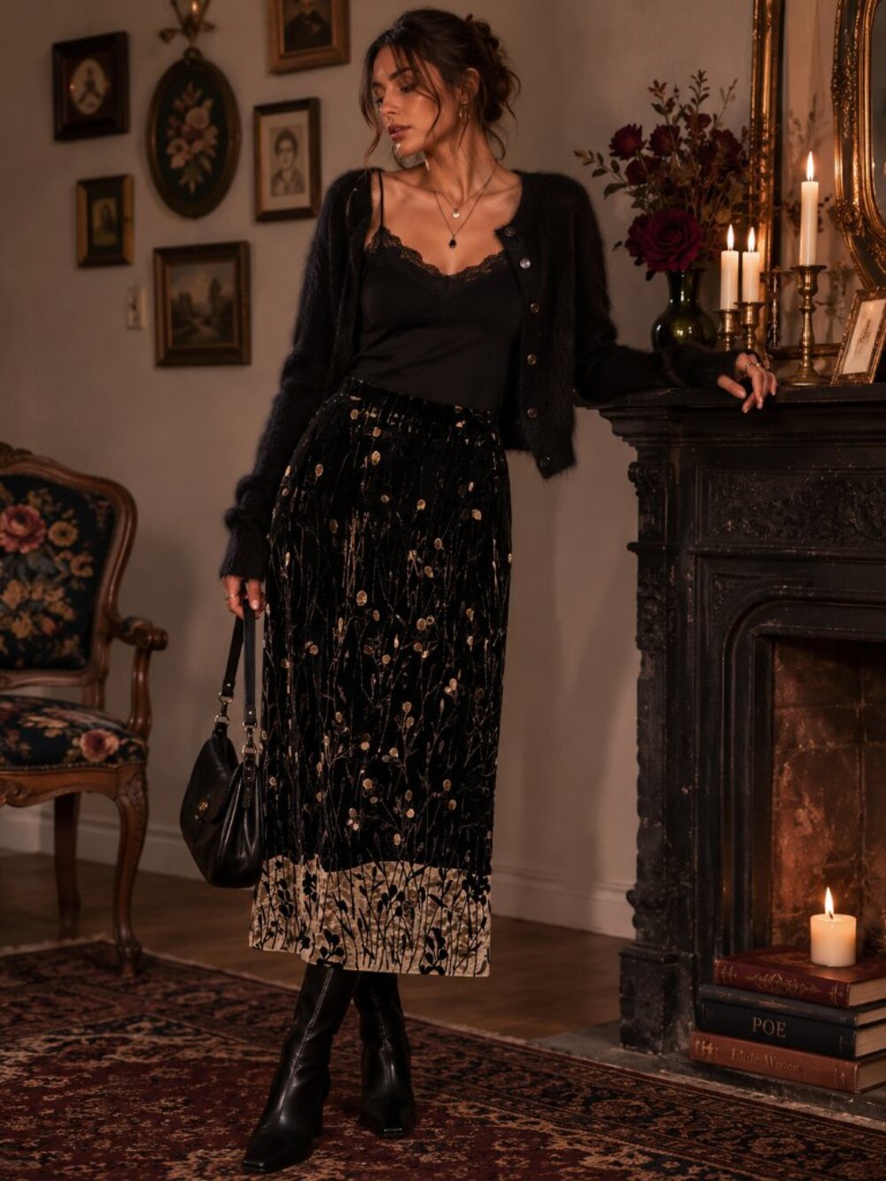 Vintage Black Velvet Floral Midi Skirt 2X Botanical Romantic Goth Dark Academia